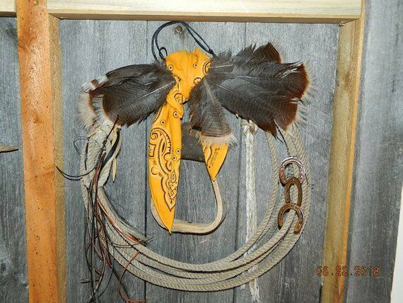 Festive Cowboy WreathTurkey Feathers Vintage Stirrup Lariat Bandana Horseshoes