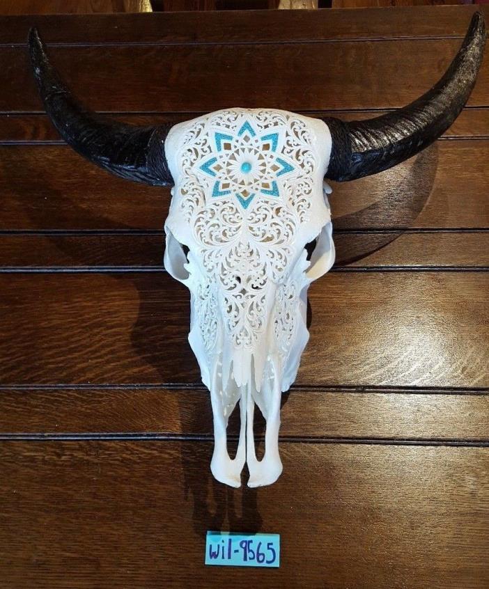 Real Hand-Carved Turquoise Encrusted Cow Skull w/ Horns - Ready To Ship!