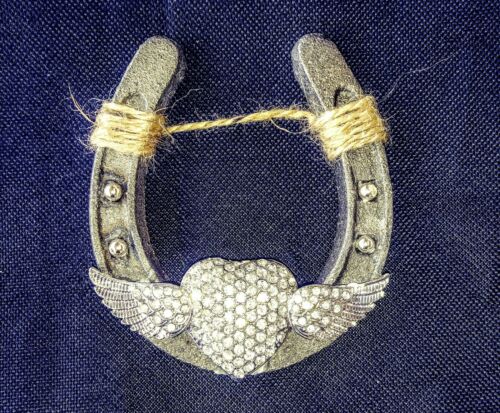 Metal 4X3 1/2 decore horse shoe with crystals . twine hanger .cowboy western bar