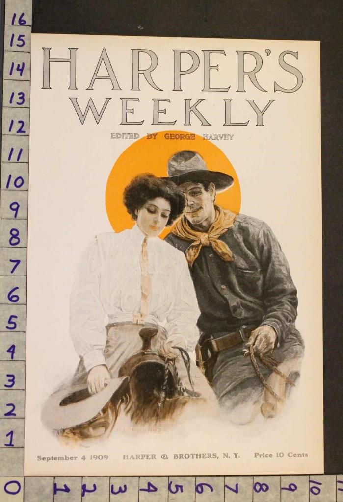 1909 WESTERN AMERICANA COWBOY COWGIRL EQUESTRIAN ROMANCE LOVE IVORY PRINT RV07