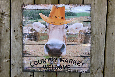 COW CANVAS WALL PLAQUE METAL HAT FARM HOME DECOR 16 in. square new Western Decor