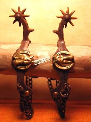 Older HORSE HEAD Double Chain Antique Bronze & Iron  Mens Spurs Not Marked