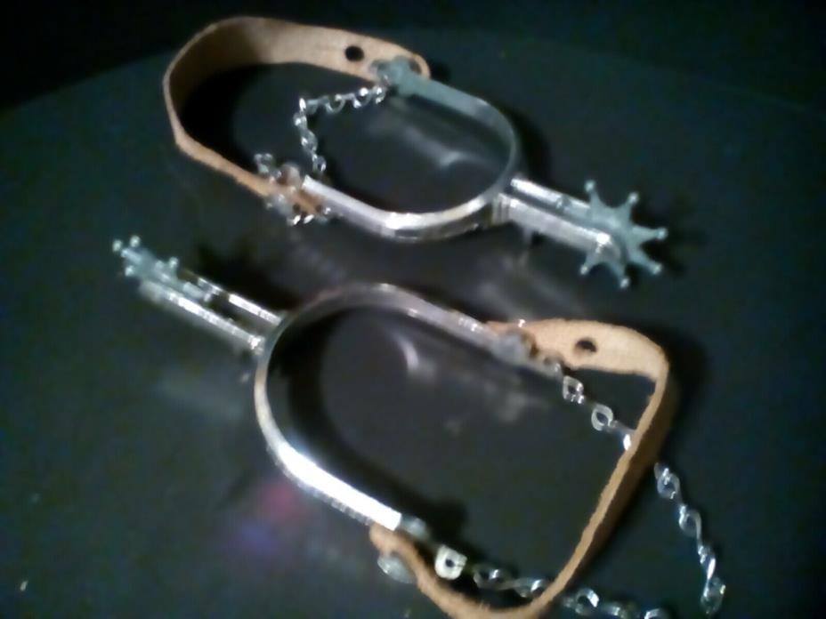 vintage pair of stainles spurs for boy or girl cowboys real leather with,chains