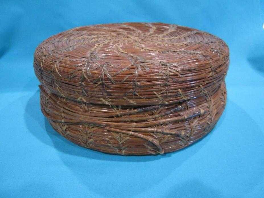 Vintage Long Pine Needle Lidded Basket Wheat Stitch Sewing Basket Primitives