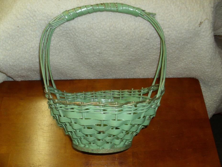 Vintage  Green Wicker Basket with Handle Painted Wood Bottom      (63)