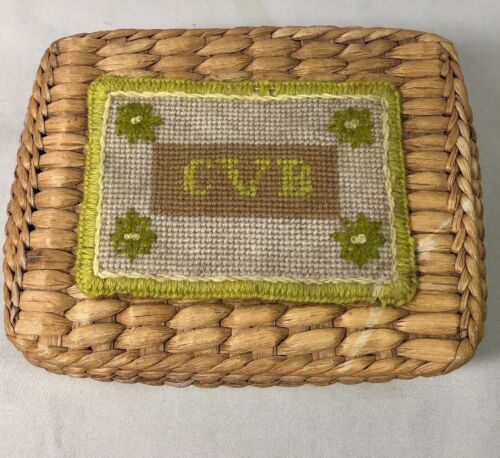Woven Grass Sewing Basket Square with Lid  Vintage Sewing Notions Included