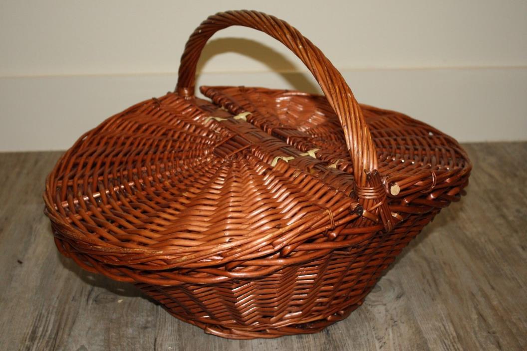 Vintage Basket Wicker Handle 2 Lids Picnic Large Brown Farmhouse