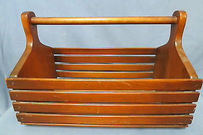 Vintage Wooden Slats Basket, Wood Tote Magazine Rack 15 3/4