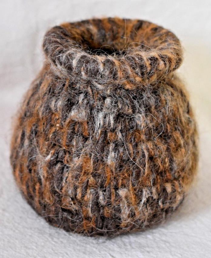 Handmade Woven Wool Basket Container soft browns tans black grays 4 inches tall
