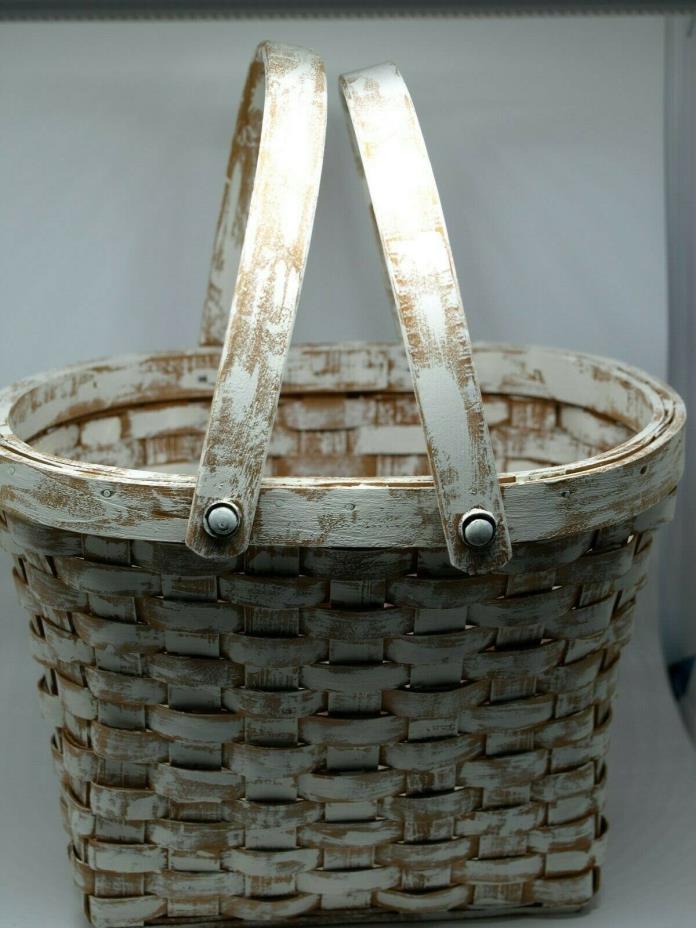 Vintage Style Double Handled Basket Chalk Painted Off White-2160