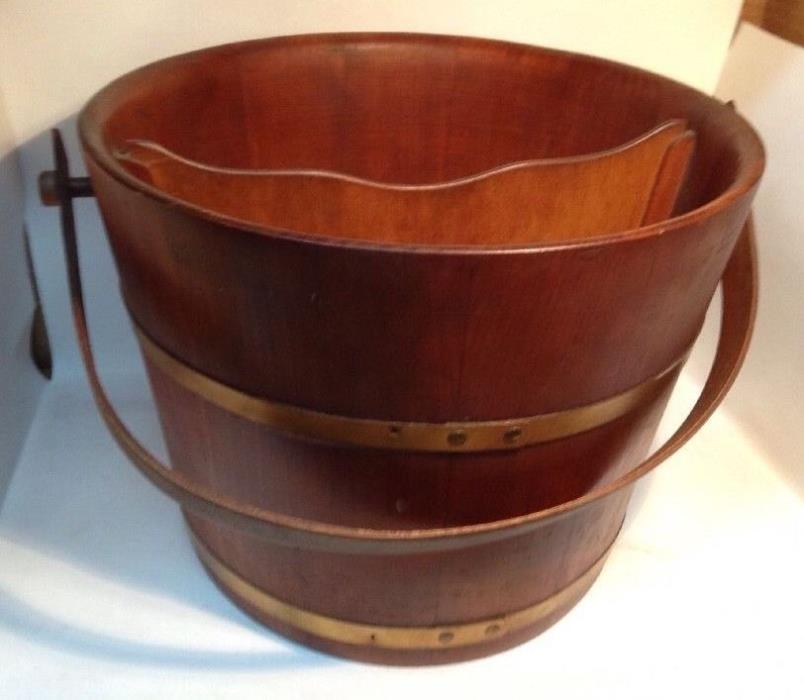 Vintage Wood Bucket Pail Magazine Holder w/ Handle & Center Divider 12.75 X 9.75