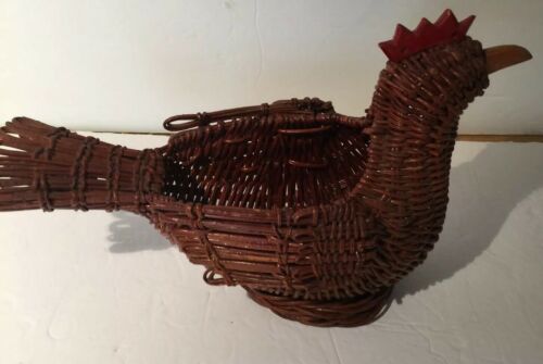 Brown Rooster Hen Chicken Miniature Rattan Wicker Woven Basket Folk Art VTG