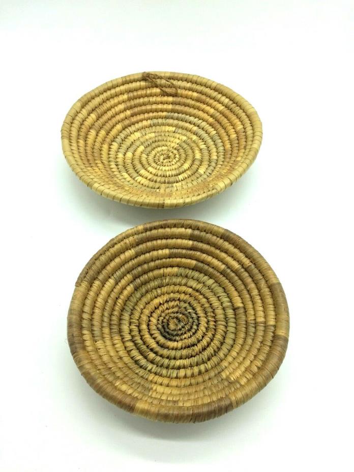LOT OF 2 WICKER HAND WEAVED COILED  BASKET BOWLS WALL HANG TRIBAL ART AFRICAN