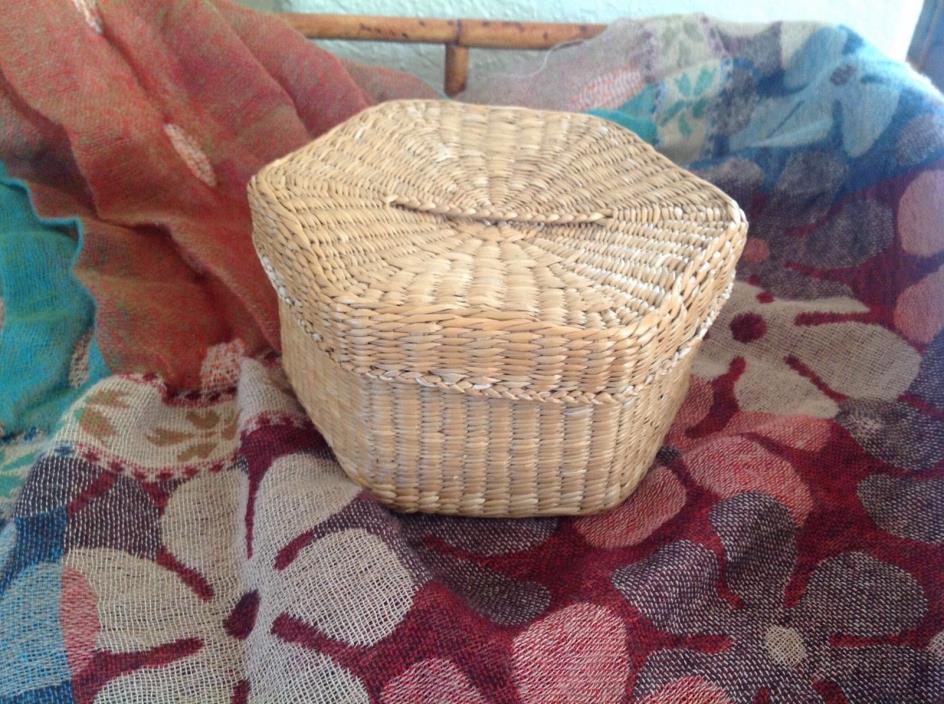 Vintage Finely Woven Hexagonal Lidded Trinket Basket
