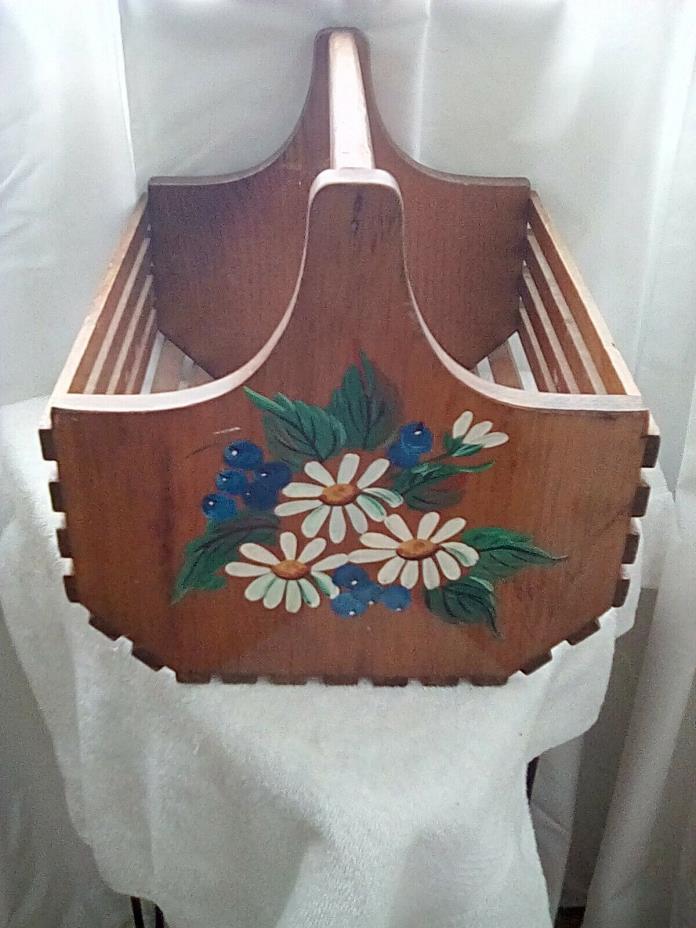 Vintage Wooden Basket with White Painted Flowers and Blue Berries