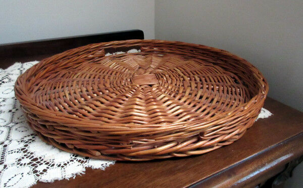 Vintage Round Wicker Basket Tray with open side Handles 13.5