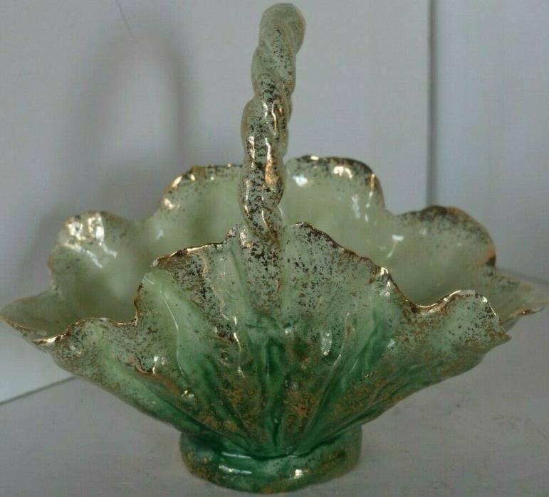 Vintage Ceramic Lusterware Ruffled Gold Green Basket
