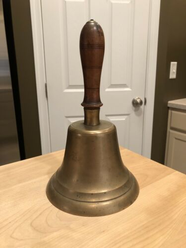 Antique 1800s Large Heavy Brass Wood Handle School Bell