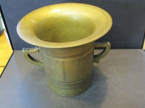S39 ANTIQUE TURNED BRASS MORTAR NO PESTLE HANDLES SCRIBE MARKS DRUG APOTHECARY