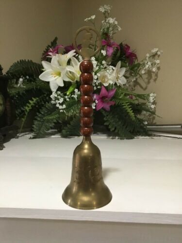 Vintage Wood handle Bell Metal Brass Elephant finial 12” tall Etched Floral