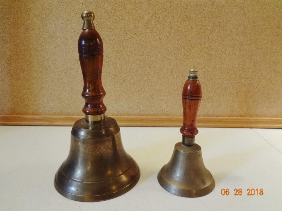 Lot of 2 Vintage Brass Wood Handle School Bells