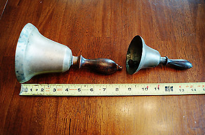 Lot of 2 Antique School Bell Brass w/ Wood Handle Old Tool