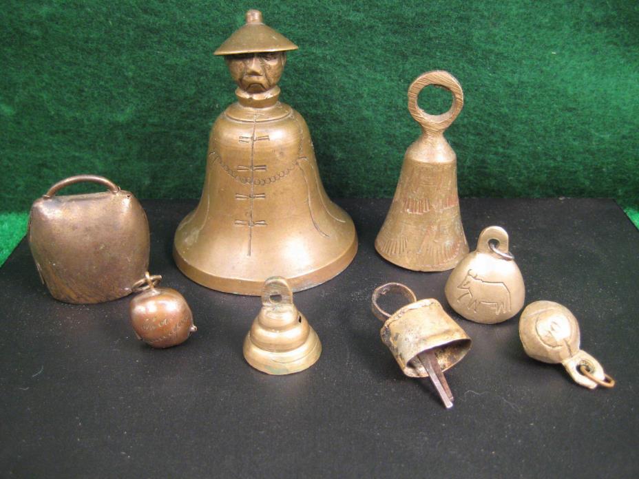 Eight (8)  Vintage Miniature Brass Bells,  German, India, China.