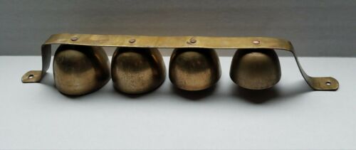 Antique Set of 4 Graduated Solid Brass Sleigh Bells 15 Inches Long