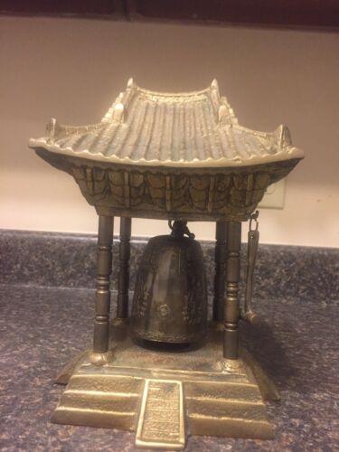 Vintage Brass Temple Bell Gong w/ Mallet Hammer Pagoda  Meditation