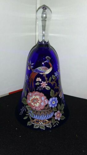 VINTAGE PAINTED COBALT BLUE BELL with Peacocks-6.5
