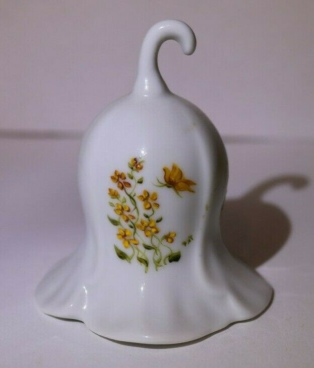 Mini Porcelain flower bell Hand painted by Pat 2.5 inches tall Yellow Butterfly