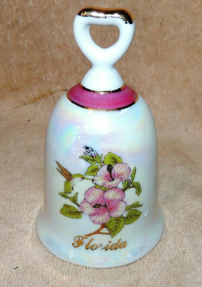 Collectible Decorative Iridescent  Ceramic Florida Bell Pink Flowers Gold Trim