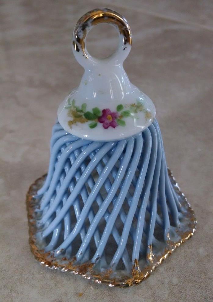 Blue Lattice Bell with Porcelain Handle Hand Painted Flowers