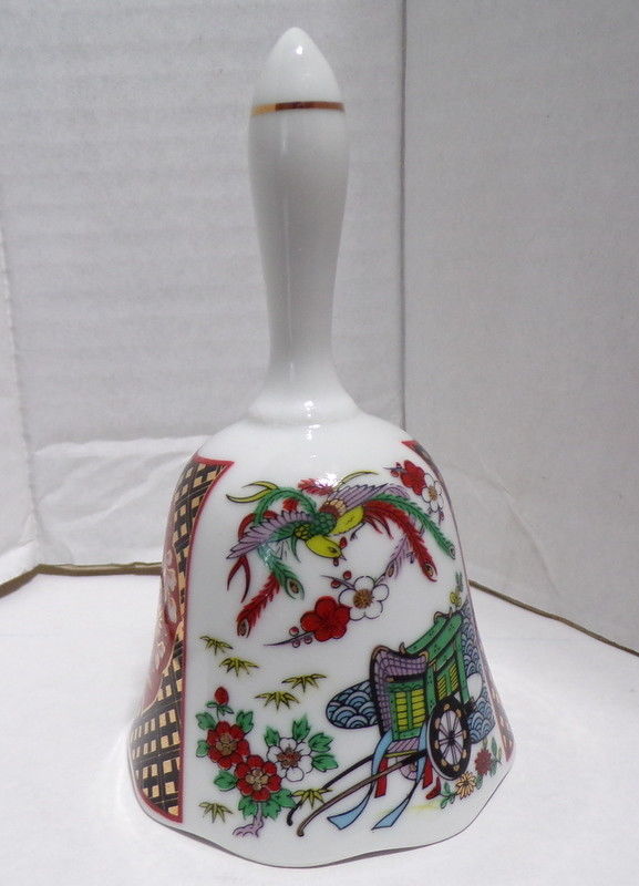 Vintage Imari Porcelain Bell Rick Shaw Bird Flowers Gold Trim 5 1/4