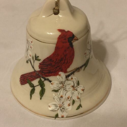 Fine Porcelain Bell Hand Painted Cardinal Red Bird Dogwood Tree