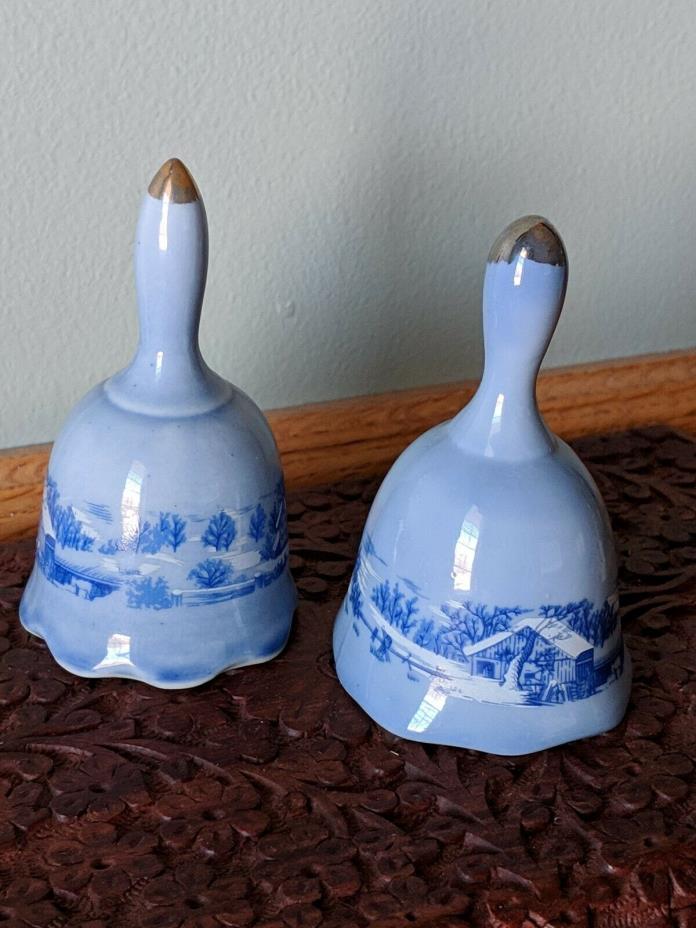 Vintage blue porcelain bells, gold/silver accent, 3 1/2