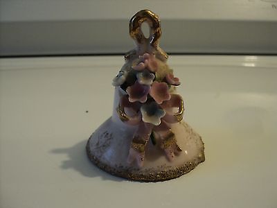 Vintage Lefton China pink porcelain bell with raised flowers  Japan sticker