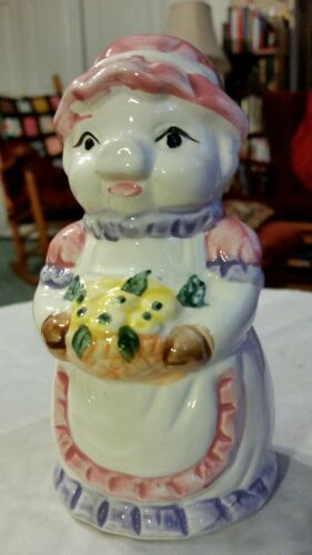 Bell With Clapper Pig Figurine With Apron and Cap Ceramic