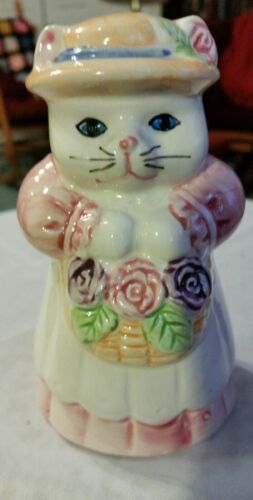 Bell With Clapper Cat Figurine With Flower Basket and Hat Ceramic