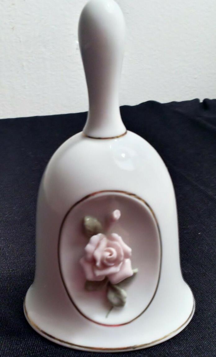 Vintage Otagiri Japan Bell * White with Gold Trim with a Raised Pink Rose