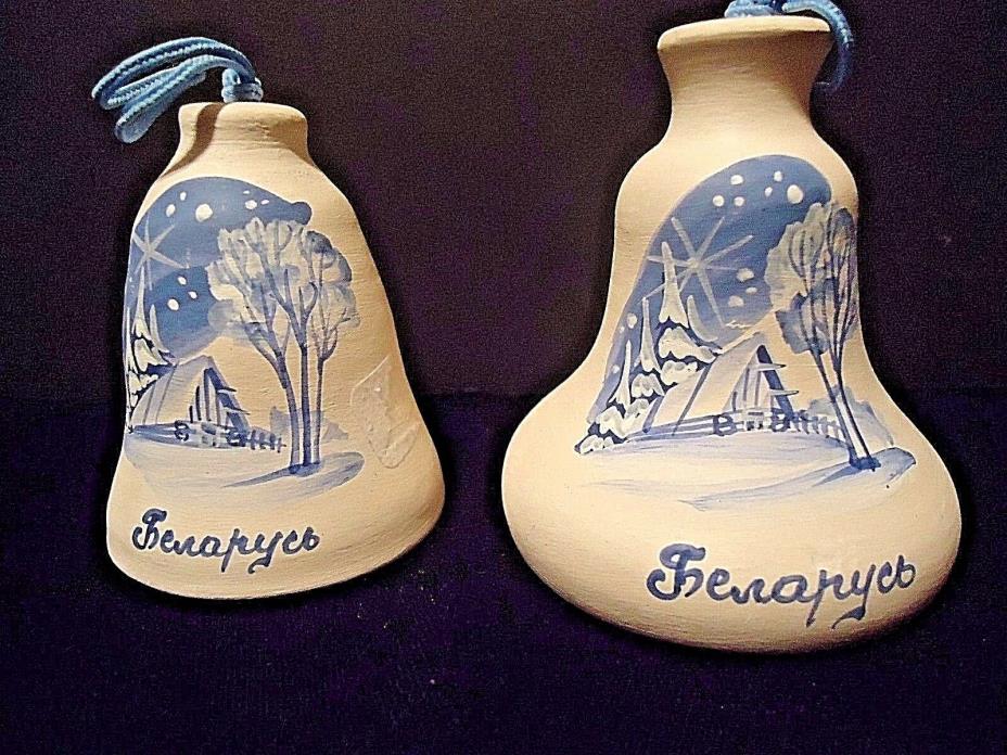 2 Czech Blue & White Ceramic Bell Ornaments Winter Scene House Trees Stars