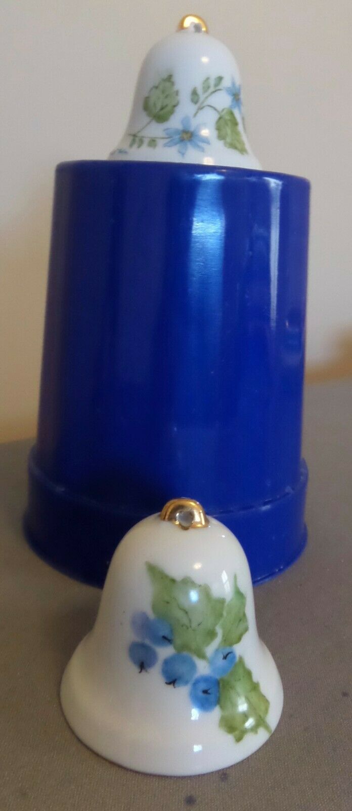 2 Small China Bell Hand Painted Blueberries & Forget-Me-Nots Signed