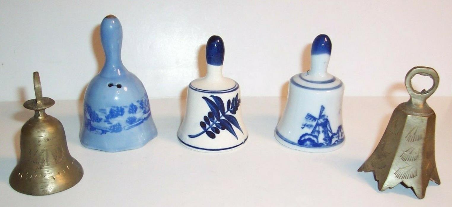 Bells, listing a few, Glass, Porcelain, Brass, Pottery 5 Assorted