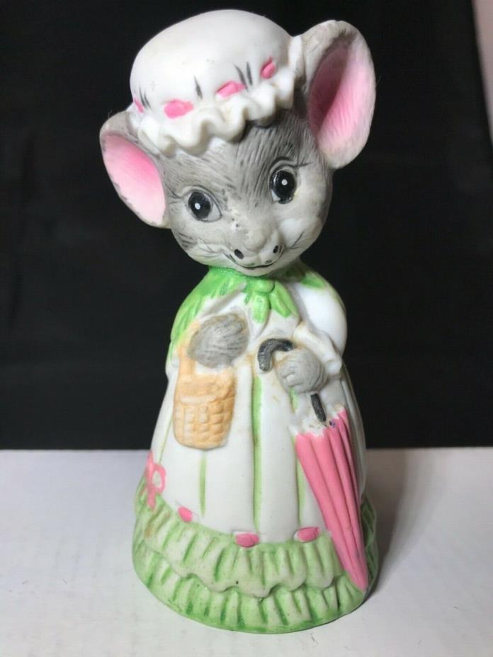 Vintage Mrs. Grandma Mouse Bell Figurine Bisque Umbrella Jasco