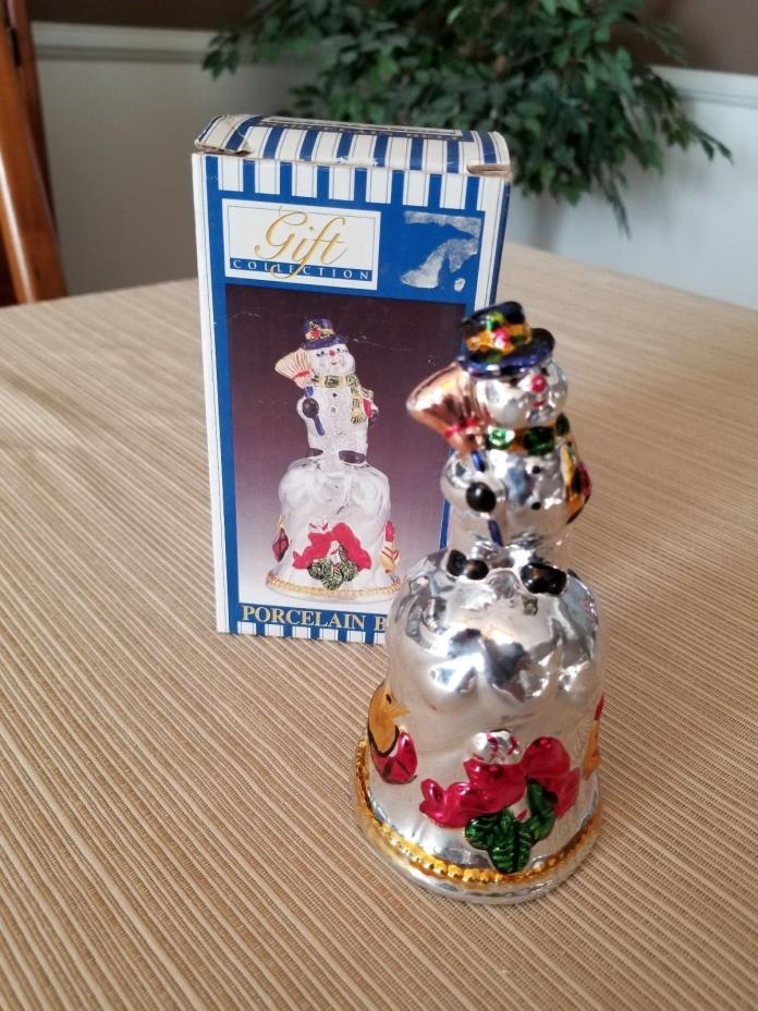 Vintage Porcelain Snowman Christmas Bell With Working Clinger & Original Box