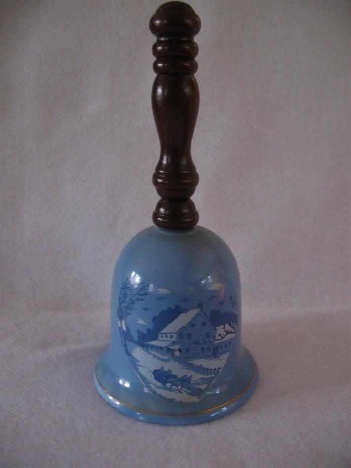 Blue BELL Music Box Wood Handle Currier & Ives 