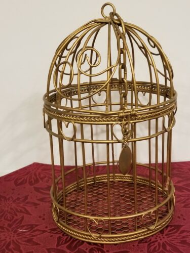 Vintage Dome Top Gold Tone Metal  Hanging  Birdcage-Heart Theme - 10