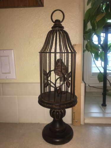 Antique Brown Metal Bird Cage On Wood Stand With Bird. CUTE CUTE CUTE!  ??