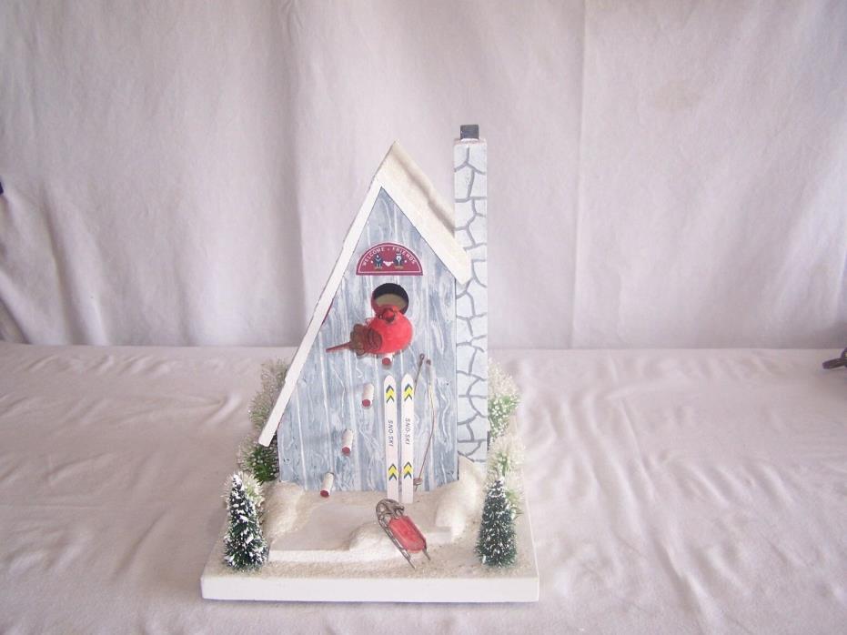 Handmade, Wooden, Decorative Bird House, Winter Setting, Ski's, Sleigh, Nice