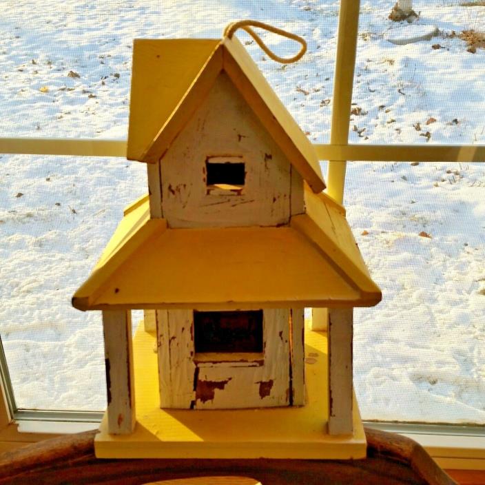 VTG Wood Birdhouse Yellow Country Prim chippy paint Farmhouse Decor 2 Story